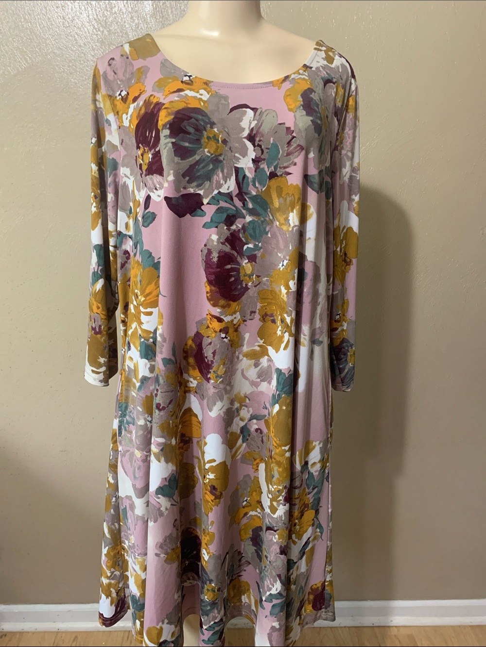 Nina Leonard 1X Pink Floral Long Sleeve Swing Dress with Mustard & Teal Accents